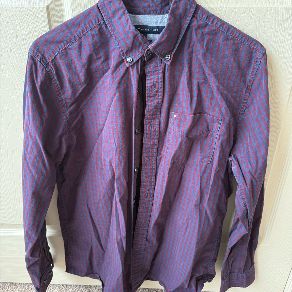 Tommy Hilfiger Red and Blue Casual Button Down Shirt